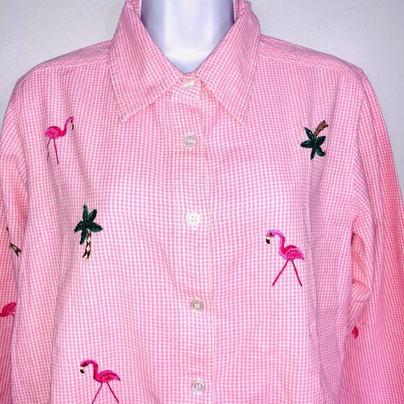 Quaker Factory Womens M Shirt Pink Checkered Flamingo Palm Trees Long Sleeve - Picture 2 of 9